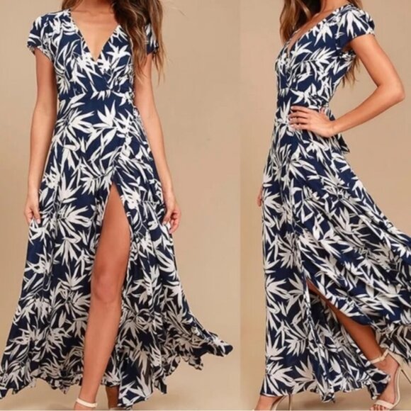 Amuse Society Dresses & Skirts - Amuse Society Provence Navy Blue Print Wrap Maxi Dress Size Small